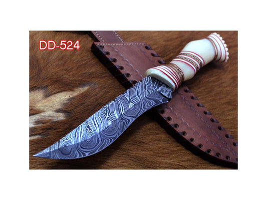 13 Long hand forged Damascus steel skinning knife, Engraved Camel bone scale crafted with engraved brass & Camel bone spacer hunting knife, Cow Leather sheath with belt loop White
