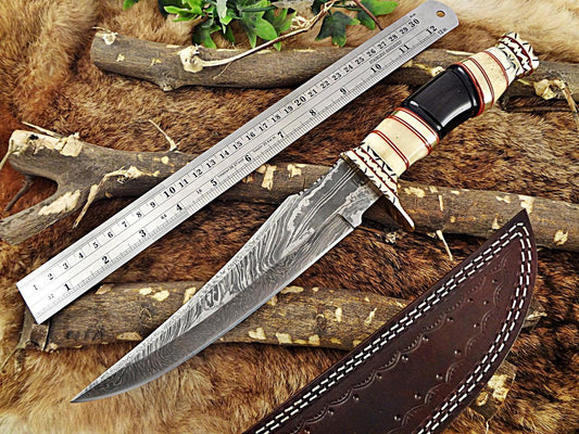 13.5 Long hand forged Damascus steel Hunting Knife, Camel bone, Bull horn and engraved brass round scale, Cow hide Leather sheath