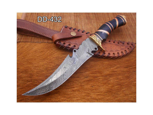 13 Long hand forged Damascus steel Hunting knife, exotic Bull Horn scale crafted with engraved brass finger guard, spacer & red fiber, Cow hide Leather sheath with belt loop