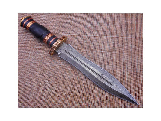 13 Inches long custom made Hand Forged Damascus Steel dagger Knife With 9 blade, exotic engraved brass scale cow leather sheath